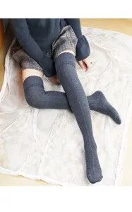 Dark grey cable knit over the knee socks winter long cotton thigh high socks detail