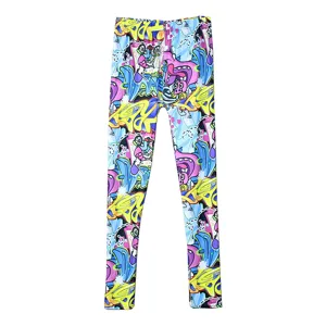 Vibrant graffiti printed women's leggings, high waist stretchy slim fit casual pants.