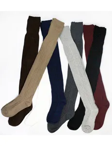 Detailed view of winter Japanese style cable knit over the knee socks, thick cotton thigh highs.