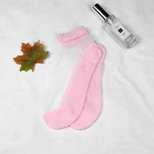 Detailed shot of sheer crystal glass silk ankle socks in pink and white, lightweight design.