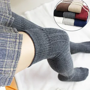 Women Japanese Style Cable Knit Over The Knee Socks Chunky Cotton Blend Thigh High Socks Preppy Retro Winter Warm Stockings