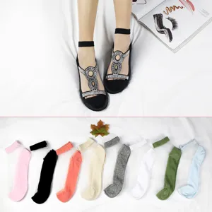 Women Transparent Crystal Silk Boat Socks Thin Breathable Mesh Invisible Socks Faux Sandal Rhinestone Design Summer Cotton Socks
