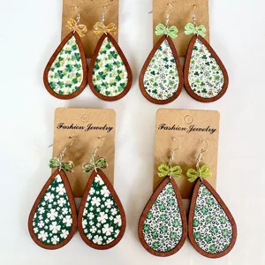 Pendientes Colgantes de Madera del Día de San Patricio Lazo Trébol Verde Fiesta Joyería