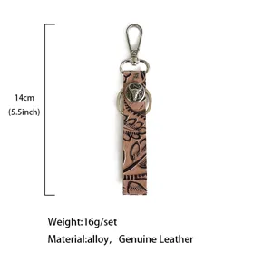 Western vintage genuine leather embossed keychain with alloy hook and bull head pendant.