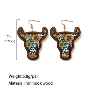 Boucles d'oreilles tête de taureau en bois vintage, style bohème, hauteur 7cm.