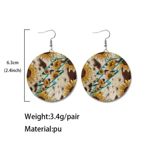 Westerse retro PU lederen ronde oorbellen met zonnebloem en koeienhuid print, chique.