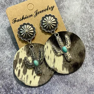 Westliche Vintage Echtleder Ohrringe Böhmische Kuhfell Kaktus Detail Schmuck Zubehör