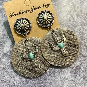 Westliche Vintage Echtleder Kaktus Ohrringe Bohmisch Kuhfell Metall Tropfen Modeschmuck