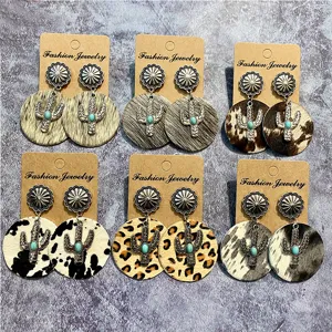 Western Vintage Leder Ohrhänger Bohemian Pferdehaar Falscher Türkis Kaktus Patchwork Leopard Hängeohrringe Für Damen