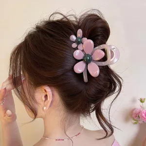 Korean style pink flower hair claw clip for women, elegant hair accessory for styling.