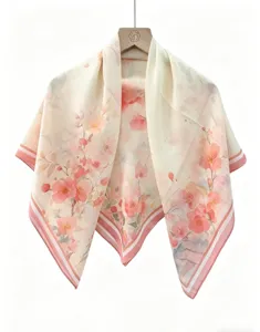 Beige pink floral square scarf, elegant new chinese style silk shawl and head wrap.