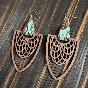 Boucles d'oreilles en bois creux vintage bohème cuir épissé déclaration pendantes bijoux