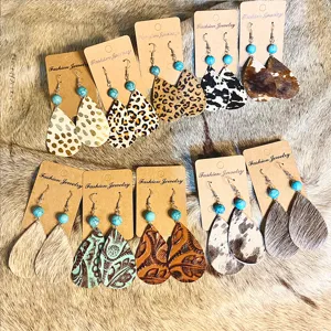 Boucles d'Oreilles Pendantes en Cuir Turquoise Vintage Western pour Femmes Bohème Léopard Poil de Poney Épissage Boucles d'Oreilles Goutte d'Eau Bijoux