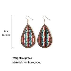 Vintage Western wooden teardrop earrings with Aztec bull skull pattern, elegant drop design.