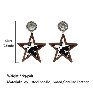 Orecchini pendenti a stella in pelle bovina stile western con concho argento e legno.