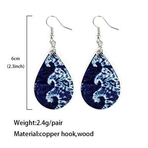 Boho blue wood teardrop earrings with copper hooks lightweight drop dangle earrings 6cm