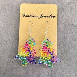 Colorful acrylic Christmas tree drop earrings, stylish hollow design jewelry for women and girls.