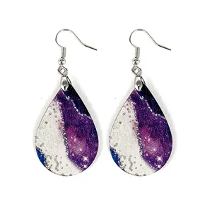 Bohemian teardrop wooden earrings with purple marble wave print, lightweight summer drop earrings.