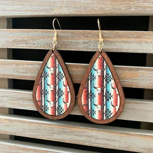 Detailed view of Southwestern Aztec teardrop wooden earrings with bull skull pattern and hooks.