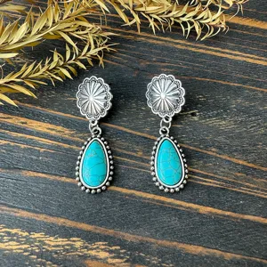 Western vintage turquoise dangle earrings for women silver tone sunflower metal jewelry