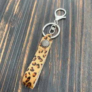 Leopard print cowhide leather keychain metal ring bag charm western style accessory