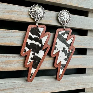 Western cow print lightning dangle earrings with wooden frame and silver flower stud jewelry