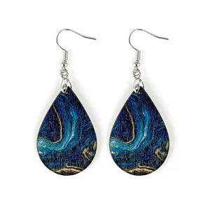 Blue wave wooden teardrop earrings, bohemian lightweight marble print dangle jewelry for summer.