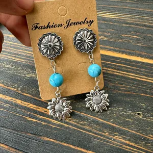 Western vintage turquoise sunflower metal earrings drop dangle boho jewelry for women