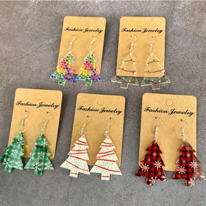 Christmas Tree Acrylic Earrings For Women Colorful Printed Hollow Drop Earrings Xmas Party Jewelry Accessories