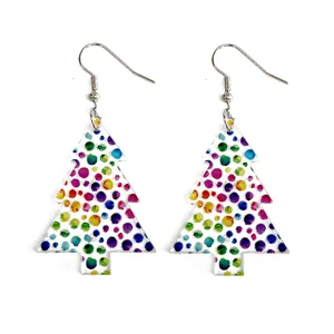 Colorful acrylic Christmas tree earrings detail view, lightweight festive holiday jewelry.