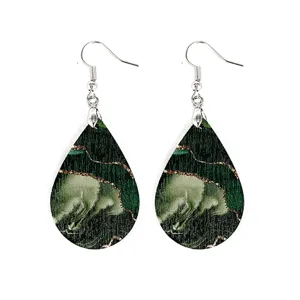 Bohemian teardrop wooden earrings with dark green marble pattern and gold foil lines for summer fashion.