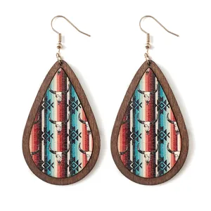 Western vintage teardrop wooden earrings with Aztec cow skull geometric pattern, elegant fashion.