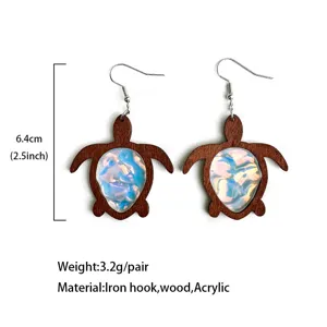 Detailed shot of wooden turtle earrings with blue acrylic and iron hooks, 6.4cm size.