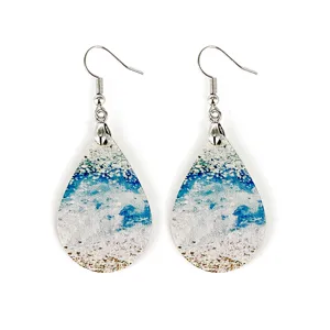 Bohemian teardrop wooden earrings with beach wave print, lightweight summer drop earrings.