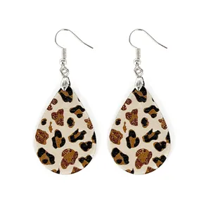 Bohemian teardrop leopard print leather earrings with silver hooks for women summer fashion style