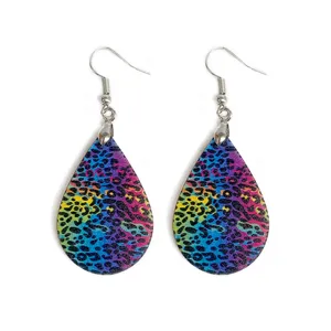 Colorful bohemian wood teardrop earrings lightweight abstract printed dangle jewelry for summer