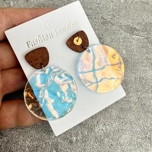 Ocean wave acrylic drop earrings with wooden top, stylish summer beach jewelry accessories for women.