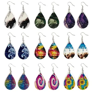 Bohemian Wood Teardrop Earrings Summer Beach Wave Marble Print Lightweight Wood Dangle Earrings For Women Jewelry Gift