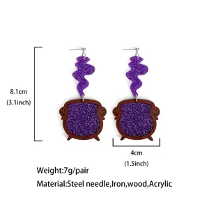 Detailed shot of Halloween witch cauldron acrylic wooden earrings with purple glitter smoke design.