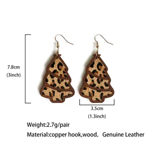Christmas tree leopard print genuine leather earrings with wood frame and copper hook.