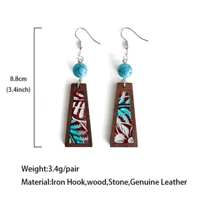 Genuine leather and wood drop earrings with turquoise stone, retro embossed pattern detail.