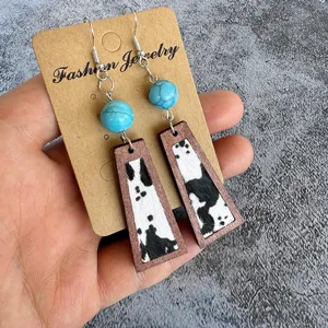 Vintage turquoise cowhide wooden drop earrings boho chic statement jewelry gifts for women.