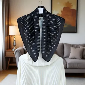 Women black silk square scarf with white dots elegant fashion neckerchief 70x70cm autumn winter