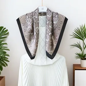 Chic brown paisley silk square scarf 70x70cm, elegant retro neckerchief for women autumn.