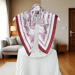Elegant 70x70cm paisley silk feel square scarf, white and burgundy versatile women accessory.
