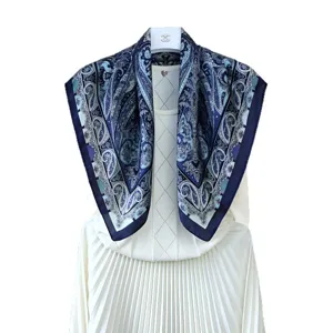 Elegant blue paisley silk scarf for women, 70x70cm square neckerchief, stylish daily accessory.