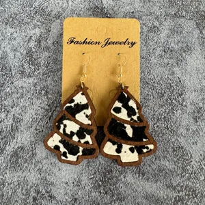 Christmas tree leather earrings calf hair cow print wood inlay lightweight holiday gift item