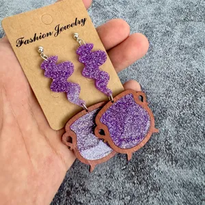 Halloween Witch Cauldron Earrings Purple Glitter Long Wooden Dangle Jewelry Gift For Women