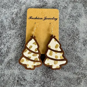 Christmas tree wooden calf hair earrings leopard print fashion holiday jewelry gift for women