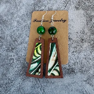 Wood geometric turquoise drop earrings detailed view showcasing natural bead design statement jewelry